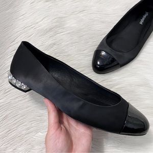Jeffrey Campbell Black Satin Cap Toe Gem Rhinestone Embellished Becca Flats